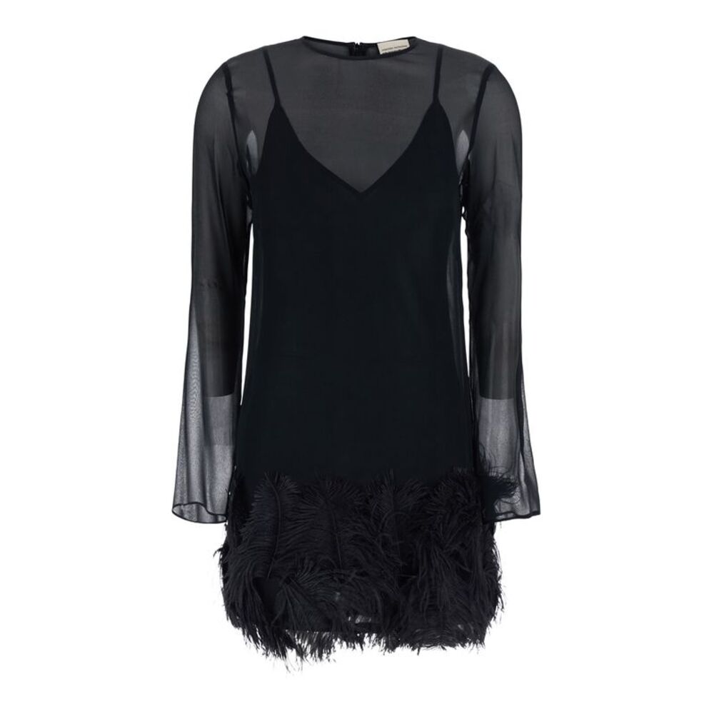 Semicouture Women Mini Dress With Feather Details, Tech Fabric, Black, Women